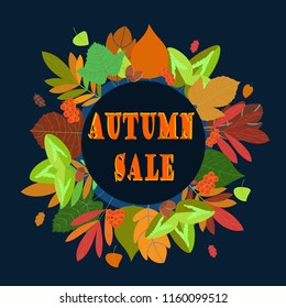 Frame of autumn leaves, mountain ash, acorns. A round frame overgrown with branches of a tree with orange leaves on a dark blue background. Blank for fall season. Autumn sale