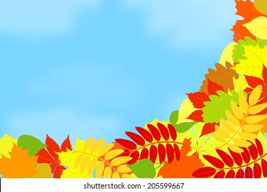 Frame of autumn leaves on the background of the cloudy sky.