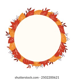 Frame of autumn leaves on white background with place for text. Design element for flyer, invitation, sesonal sale, wedding, festival. 