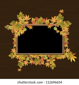 Frame of autumn leaves on wood texture background, vector illustration