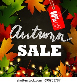 Frame of autumn leaves painted on black chalkboard