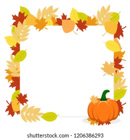 Frame of autumn leaves and pumpkin on a white. Autumn banner