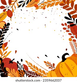 Frame of autumn leaves and pumpkins with place for text. Vector design for Thanksgiving, autumn cards.
