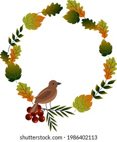 Frame with autumn leaves, red berries and a bird. Vector illustration isolated on white background. For use in postcards, invitations and decoration of various goods.