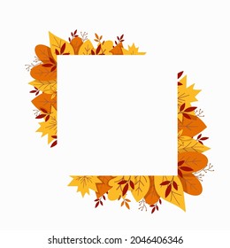 Frame with autumn leaves. Template isolated on white background. Autumn frame for wedding invitations, decor, card.