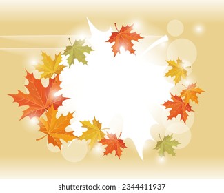 Frame with autumn maple leaves and rowan branches on a light background with sun reflections. Autumn illustration, vector	
