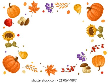 Frame with autumn plants. Harvest illustration of vegetables and leaves.