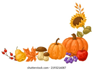 Frame with autumn plants. Harvest illustration of vegetables and leaves.