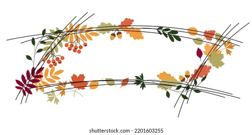 frame is autumn in the style of a sketch with different leaves, acorns and rowan berries. abstract greeting banner with plant elements in a naive style. flat hand drawing with lines. stock vector EPS.