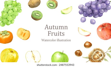 Frame of autumn various fruits painted in watercolor