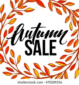 Frame with autumnal round full leaves wreath and Autumn Sale Lettering. Vector illustration EPS10