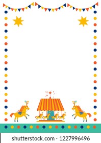 Frame for baby's photo album, invitation, note book, postcard with cute circus artist in cartoon style and elements. Clown, seal, horse, carousel. Cute frame, border