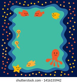 Frame for baby's photo album.Cute Marine animals, star, octopus, jellyfish. Invitation, postcard in cartoon style . Vector illustration