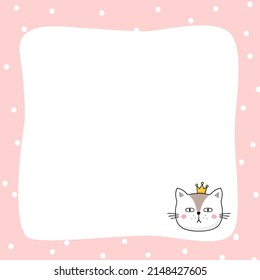 Frame for baby's photo. Cute frame with cat. Pink border. Vector illustration.