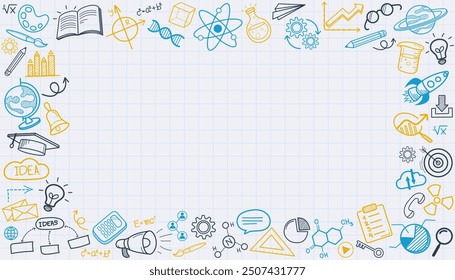 Frame back to school with education doodle icon symbols on black chalkboard. frame back to school. Hand drawn vector pattern background. Foreign language education course for online training study.