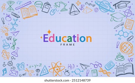 Frame back to school with education doodle icon symbols on black chalkboard. frame back to school. Hand drawn vector pattern background. Foreign language education course for online training study.