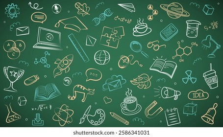 Frame back to school with education doodle icon symbols on black chalkboard. frame back to school. Hand drawn vector pattern background. Foreign language education course for online training study.