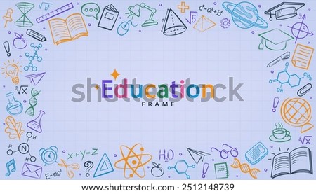 Frame back to school with education doodle icon symbols on black chalkboard. frame back to school. Hand drawn vector pattern background. Foreign language education course for online training study.