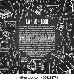 Frame Back To School Tools Sketch Icons On Chalk Board Vector Illustration. Background School.