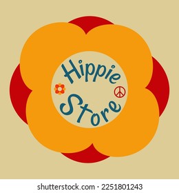 Frame, backdrop, Icon in the style of a hippie with flower with text Hippie Store and peace sign and flower in retro style