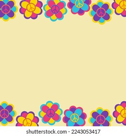 Frame, backdrop in the style of a hippie with peace sign and flowers on beige background in retro style