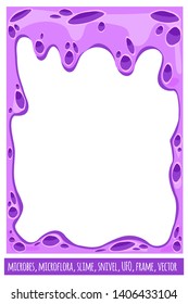 Frame background alien life. Landscape of galactic planet. Microflora and microbes in the body. Flat cartoon style. Vector isolated.