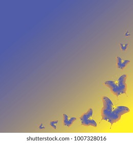 Frame. Background from butterflies. Group of butterflies on a yellow blue gradient
