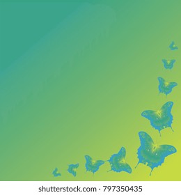 Frame. Background from butterflies. Group of butterflies on a light green gradient