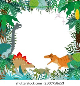 Frame (background) of colorful ancient plants and Jurassic land dinosaurs. White background.