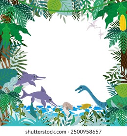 A frame (background) of colorful ancient plants and dinosaurs that lived in the Jurassic seas. White background.