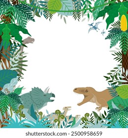 Frame (background) of colorful ancient plants and land dinosaurs from the Cretaceous period. White background.