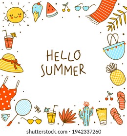 Frame background with cute summer items isolated on white - cartoon objects for happy beach design 