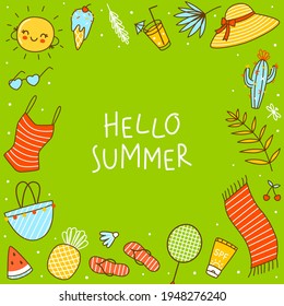 Frame background with cute summer items on green background - cartoon objects for happy beach design