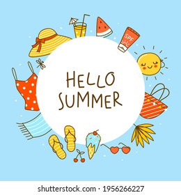 Fondo de marco con adorables objetos de verano en azul - dibujos animados para el diseño de la playa feliz