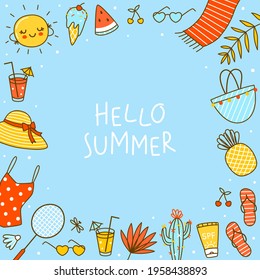Frame background with cute summer items on blue - cartoon objects for happy beach design