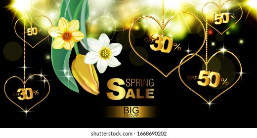 Frame, background of daffodil flowers, daffodils and tulips . Decorative spring greeting card , happy birthday, wedding, advertising banner, sales, discounts, labels
