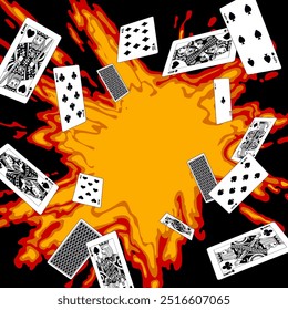 Frame and background with flying playing cards in black and white linear style and colorful bright flame explosion on black. Vector illustration