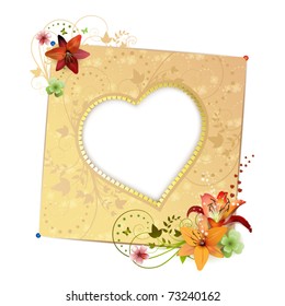Frame background with heart shape and flowers isolated on white