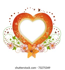 Frame background with heart shape and flowers isolated on white