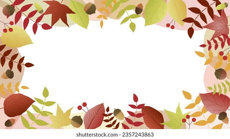 Frame background illustration of autumn leaves, acorns, and fluid shapes.