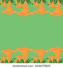 Fundo do quadro com cogumelos e chanterelles na grama na parte inferior e superior do quadro, ilustração vetorial, cogumelos em um fundo verde. Desenho botânico desenhado à mão em vetor.