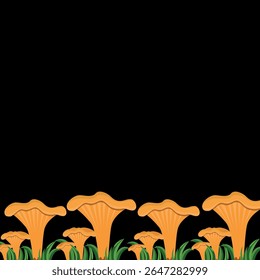 Fundo do quadro com cogumelos e chanterelles na grama na parte inferior do quadro, ilustração vetorial, cogumelos em um fundo preto. Desenho botânico desenhado à mão em vetor.