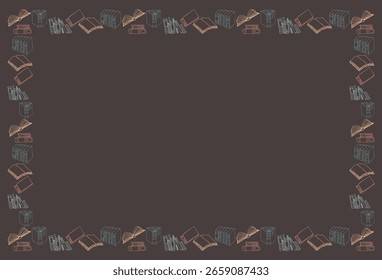 Frame, background, pattern of icons books, pile of books. Hand drawing doodles. Vector illustration. Space for text