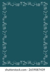 Frame, background, pattern of icons books, pile of books. Hand drawing doodles. Vector illustration. Space for text