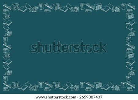 Frame, background, pattern of icons books, pile of books. Hand drawing doodles. Vector illustration. Space for text