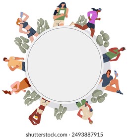 Frame, background running people, jogging. Active healthy runners, men , women training outdoors. Flat vector illustration