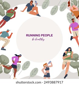 Frame, background running people, jogging. Active healthy runners, men , women training outdoors. Flat vector illustration