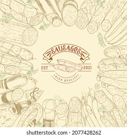 Frame background of sausage products. Sausages, bacon, lard, salami in sketch style.