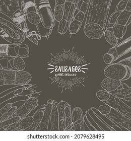 Frame background of sausage products. Sausages, bacon, lard, salami in sketch style.