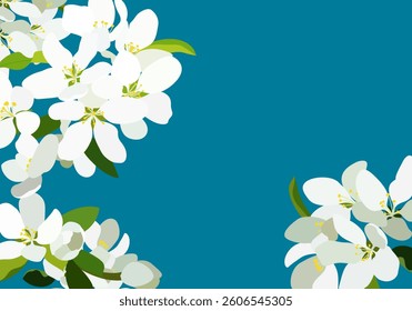 Frame background with spring blooming white flowers in vector. Flat style.